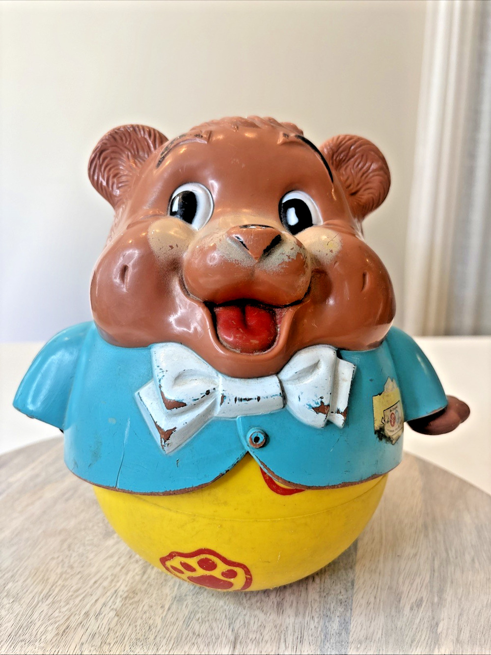 Vintage 1969 Fisher Price Chubby Cub Roly Poly Chime Bear Pull Toy 164 Retro